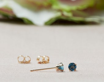 Tiny London Blue Stud Earrings in 14k Solid Gold, Blue Topaz Studs, 3MM Studs, Blue Studs,  Second Hole Studs