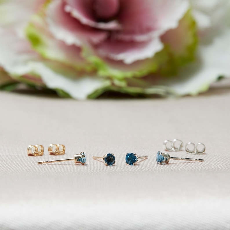 Tiny London Blue Stud Earrings in 14k Solid Gold, Blue Topaz Studs, 3MM Studs, Blue Studs, Second Hole Studs image 4