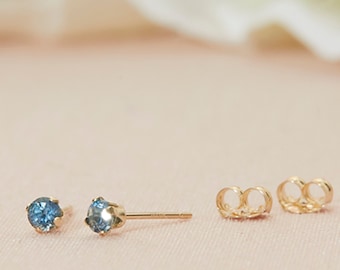 Tiny Sapphire Stud Earrings in 14k Solid Gold, Montana Sapphire Studs, 3MM Studs, Blue Sapphire Studs,  Second Hole Studs