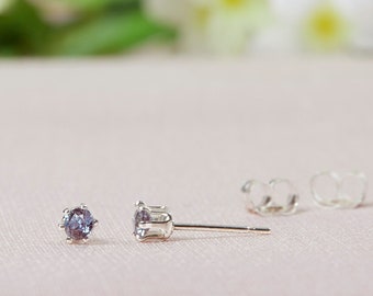 Alexandrite Stud Earrings in Sterling Silver, Tiny Lab Grown Alexandrite Post Earrings, June Birthstone Studs, Second Hole Studs