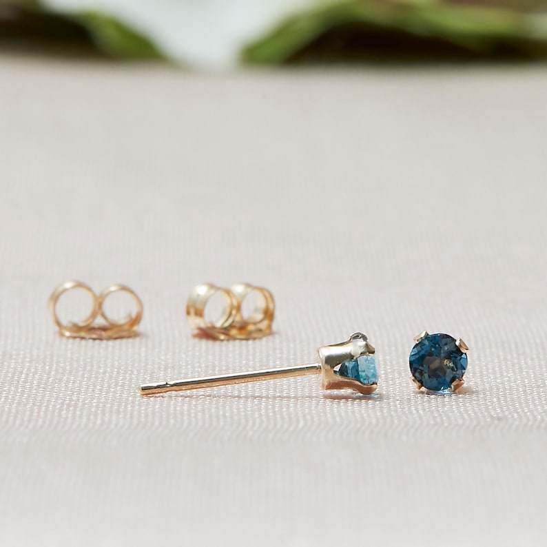 Tiny London Blue Stud Earrings in 14k Solid Gold, Blue Topaz Studs, 3MM Studs, Blue Studs, Second Hole Studs image 2