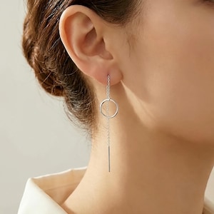 Threader Earrings: Long Chain, Open Circle - 3.5"