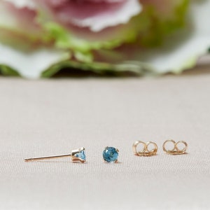 Tiny Swiss Blue Stud Earrings in 14k Solid Gold, Blue Topaz Studs, 3MM Studs, Blue Studs, Second Hole Studs image 1