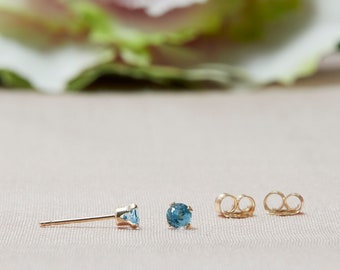 Tiny Swiss  Blue Stud Earrings in 14k Solid Gold, Blue Topaz Studs, 3MM Studs, Blue Studs,  Second Hole Studs