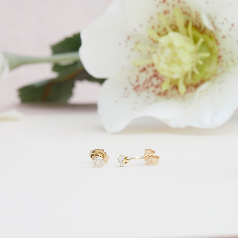 Tiny 14K Solid Gold Moissanite Stud Earrings, Diamond Alternative Studs, 3MM Studs, Moissanite Studs, Gifts for Girls, Second Hole Studs image 4