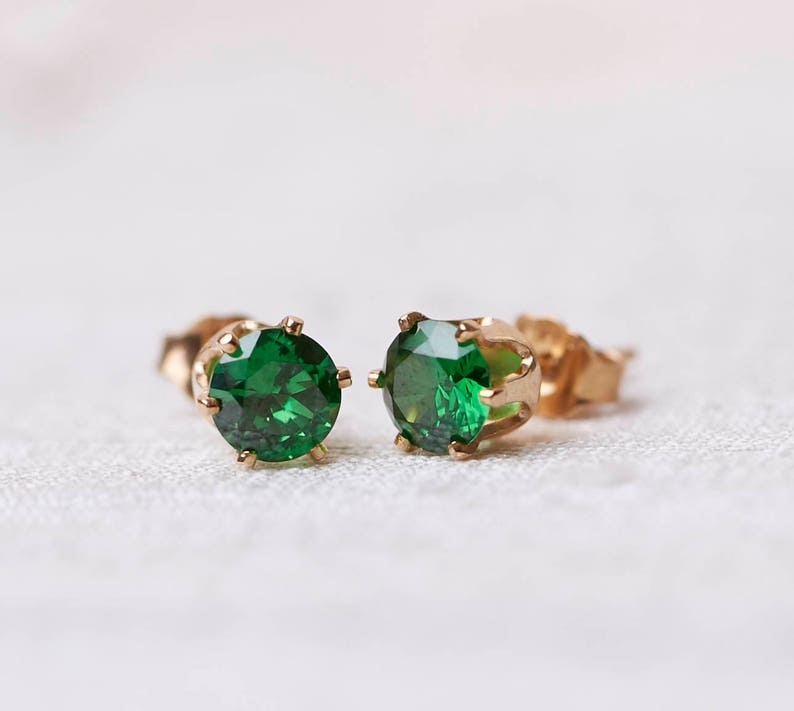 Emerald Stud Earrings, Silver or Gold Filled Emerald Post Earrings, Green 5MM Studs, Manmade Emerald Studs, May Birthstone Studs image 2