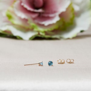 Tiny Swiss Blue Stud Earrings in 14k Solid Gold, Blue Topaz Studs, 3MM Studs, Blue Studs, Second Hole Studs image 2