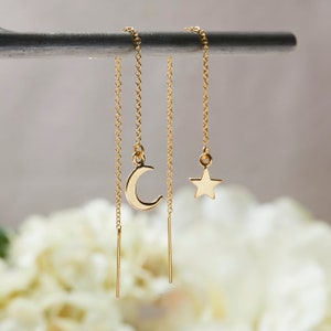 Threader Earrings with Star and Moon, Threader Earrings, Long Chain Earrings, Chain Earrings, Celestial Earrings, Threaders, Moon Star Charm image 4