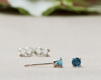 Tiny London Blue Stud Earrings in Sterling Silver, Blue Topaz Studs, 3MM Studs, Blue Studs,  Second Hole Studs