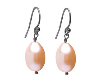 Freshwater Pearl Earrings, Natural Pearl Drop Earrings, Pearl and Rose Gold-fill Earrings, Bridal Jeaelry, Peach Pearls, Pink Pearls