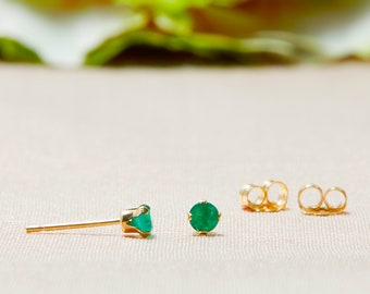 Emerald Stud Earrings in 14k Solid Gold, Tiny Genuine Emerald Post Earrings, May Birthstone Studs, Second Hole Studs