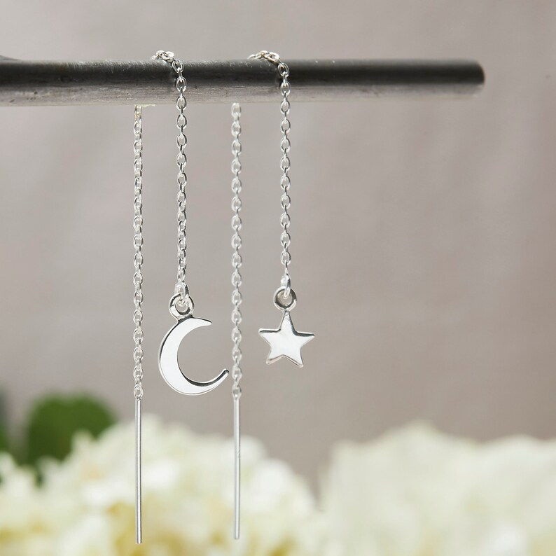 Threader Earrings with Star and Moon, Threader Earrings, Long Chain Earrings, Chain Earrings, Celestial Earrings, Threaders, Moon Star Charm image 1