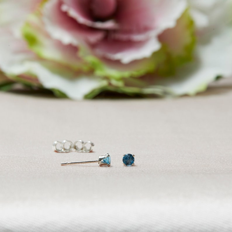 Tiny London Blue Stud Earrings in 14k Solid Gold, Blue Topaz Studs, 3MM Studs, Blue Studs, Second Hole Studs image 7