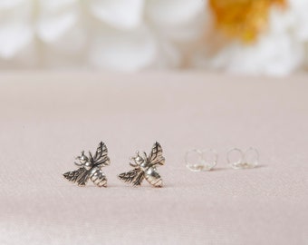 Little Bee Stud Earrings, Sterling Silver Bee Studs, Simple Tiny Silver Bumble Bee Post Earrings, Honey Bee Stud Earrings, Bee Studs