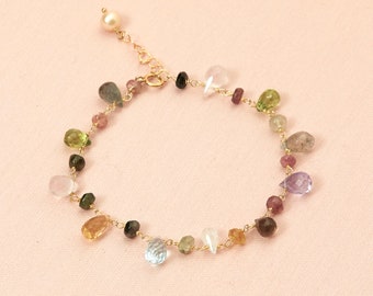 Multi-gemstone Bracelet with Tourmaline, Blue Topaz, Peridot, Moonstone, Amethyst