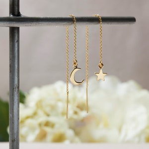 Threader Earrings with Star and Moon, Threader Earrings, Long Chain Earrings, Chain Earrings, Celestial Earrings, Threaders, Moon Star Charm image 2