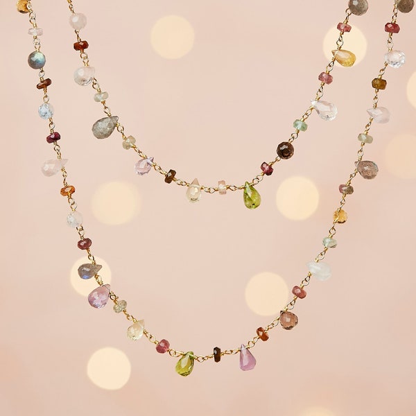 Multi-gemstone Necklace in 18k Gold plated or Silver, Long Pastel Stone Necklace