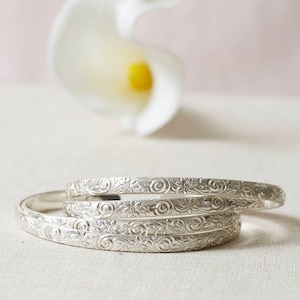 Silver Cuff Bracelet (1), Silver Bangle Bracelet,  Patterned Cuff Bracelet, Stacking Bracelet, Flowered Cuff Bracelet, Boho Bracelet