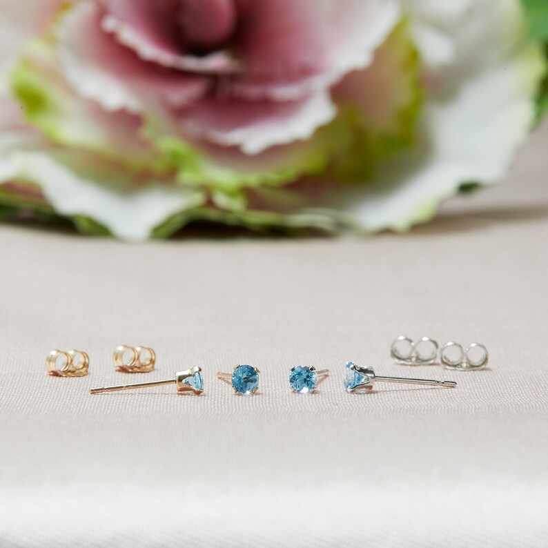 Tiny Swiss Blue Stud Earrings in 14k Solid Gold, Blue Topaz Studs, 3MM Studs, Blue Studs, Second Hole Studs image 3