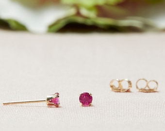Ruby Stud Earrings in 14k Solid Gold, Tiny Genuine Ruby Post Earrings, July Birthstone Studs, Second Hole Studs