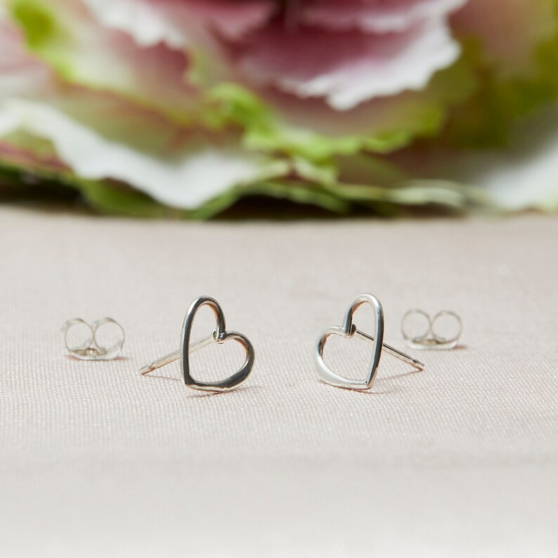 Sterling Heart Studs, Silver Open Heart Stud Earrings with SS Ear Nuts, Heart Earrings, Sterling Heart Earrings image 3