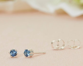 Tiny Sapphire Stud Earrings in Sterling Silver, Montana Sapphire Studs, 3MM Studs, Blue Sapphire Studs,  Second Hole Studs