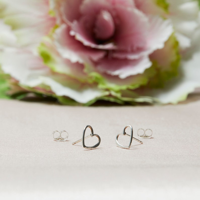 Sterling Heart Studs, Silver Open Heart Stud Earrings with SS Ear Nuts, Heart Earrings, Sterling Heart Earrings image 5