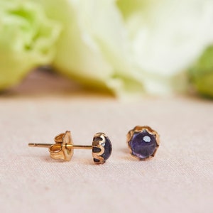 Peut inclure: Une paire de boucles d'oreilles en or avec une pierre précieuse violette dans chacune. Les boucles d'oreilles ont un bord festonné.