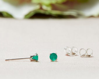 Emerald Stud Earrings in Sterling Silver, Tiny Genuine Emerald Post Earrings, May Birthstone Studs, Second Hole Studs