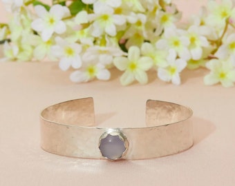 Chalcedony and Sterling Silver Cuff Bracelet (1), Silver Cuff Bracelet, Lavender Chalcedony Stone and Silver Cuff Bracelet