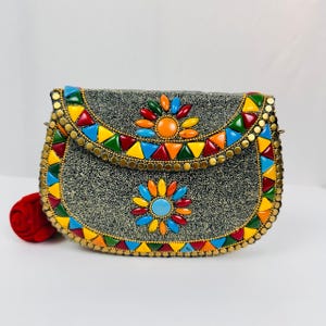 Handmade Mosaic Clutch Bag – Boho Metal Sling Bag with Colorful Beads & Floral Design | Indian Festival Purse |
