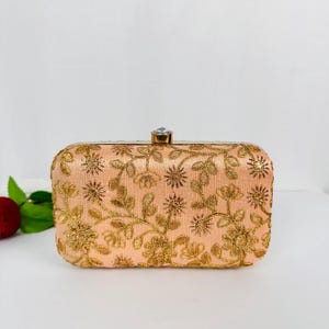 Peach Embroidered Clutch Bag: Golden Floral Indian Wedding Purse