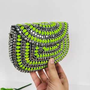 Handmade Boho Mosaic Clutch Bag – Neon Green Tribal Beaded Purse with Silver Embellishments – Ethnic Festival Evening Bag