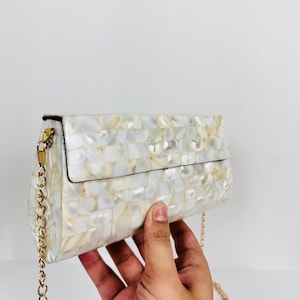 Handcrafted Mother-of-Pearl Clutch Purse with Gold Chain - Iridescent Mosaic Evening Bag for Weddings & Special Occasions