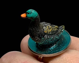 The Duck Pond Ring: Handmade, Adjustable, Silver Plated, Pet, Bird, Jewellery, Gift Boxed, Miniature