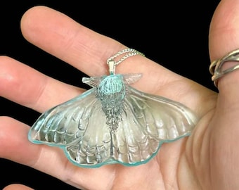 Icy Blue Moth Necklace: Handmade Frosted Resin Pendant