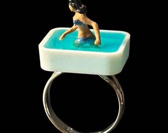 Tiny Pool Ring: Handmade, Silver Plated, Adjustable, Miniature, Vacation, Swimming, Holiday, Gift Boxed