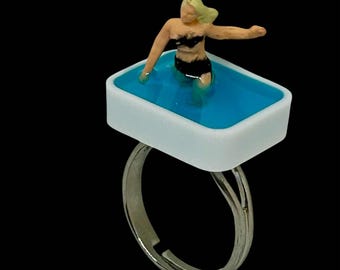 Tiny Pool Ring: Handmade Silver Plated Adjustable Miniature