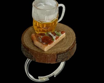 A Pint & Pizza Ring - adjustable, unique, handmade, lager, beer, drink, food,  miniature, gift boxed