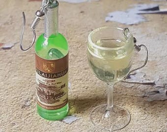 Miniature White Wine Bottle & Glass Earrings: Handmade, Silver Plated, Gift Boxed