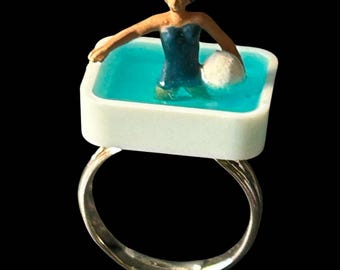 Tiny Pool Ring: Handmade Silver Plated Adjustable Miniature