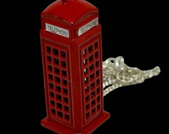 British Red Telephone Box Necklace - miniature, pendant, phone, retro, vintage, gift box