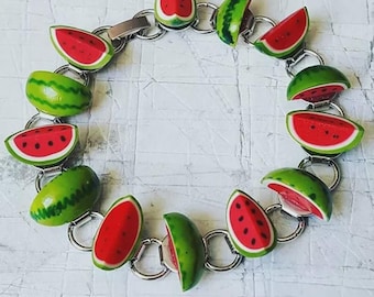 Watermelon Wedges Bracelet - food, jewelry, jewellery, red, green, miniature, fruit, gift boxed, unique, handmade