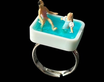 Tiny Pool Ring: Handmade, Silver Plated, Adjustable, Miniature, Vacation, Water, Mother and child, Swimming, Lesson, Holiday, Gift Boxed