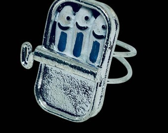 Sardine Tin Ring - miniature, can, ocean, sea, fish, food, mackerel, herring, seafood, gift box