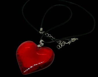 Ruby Puffed Glass Heart Necklace - handmade, red, pendant, leather, cord, chunky, statement, gift bag