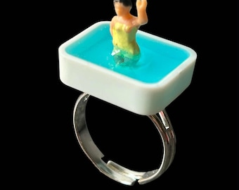 Tiny Pool Ring: Handmade, Silver Plated, Adjustable, Miniature, Swimming, Vacation, Holiday, Beach, Gift Boxed