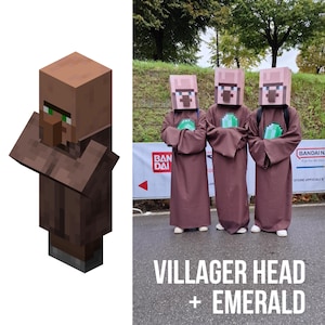 May include: Three people dressed as Minecraft villagers, wearing brown robes and green emerald blocks. The text "Villager Head + Emerald" is below the image.
