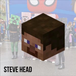 Può includere: Una testa pixelata di Steve dal videogioco Minecraft, con capelli castani, occhi blu e un viso abbronzato. Il testo "STEVE HEAD" è visualizzato in nero nella parte inferiore dell'immagine. Persone sullo sfondo.