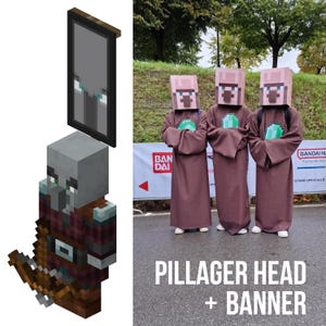 Peut inclure: Une bannière Minecraft Pillager avec un fond gris et un motif d'œil vert. La bannière est suspendue à un poteau en bois. Trois personnes sont habillées en Pillagers Minecraft, portant des robes brunes et tenant des émeraudes vertes.